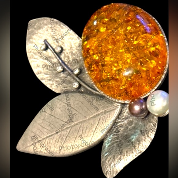 “LAGUNA” signed Silver Leaf Brooch with Honey Amber Stone - Picture 12 of 12